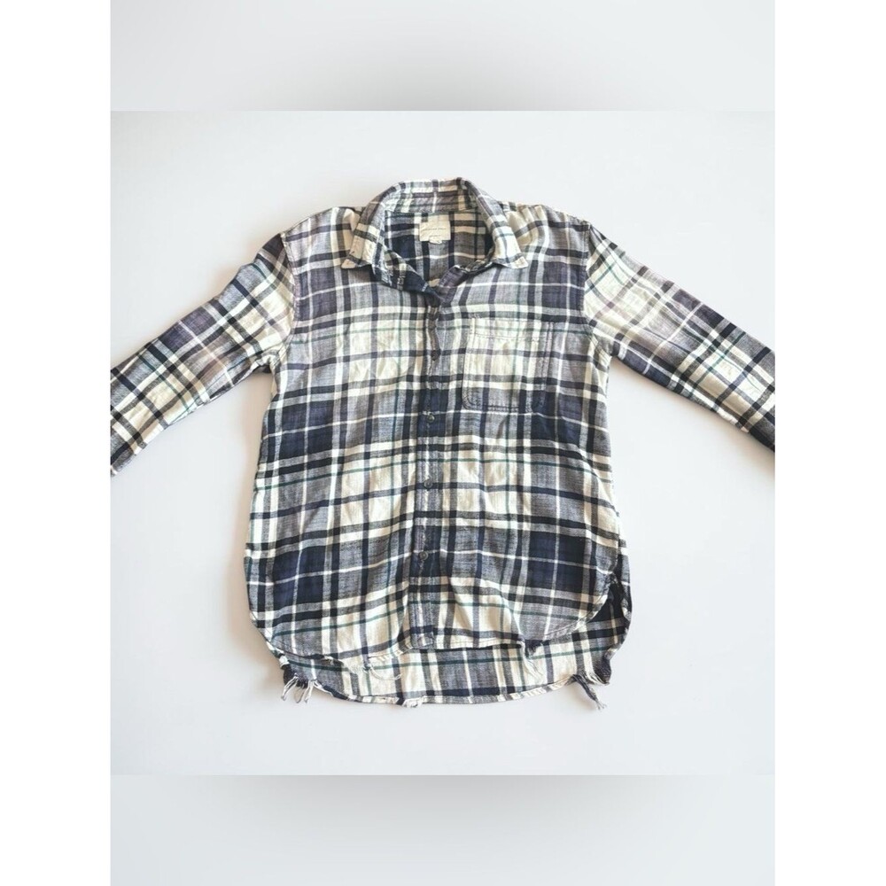 American Eagle Plaid Flannel Shirt Womens S Oversized Fit Blue Purple White